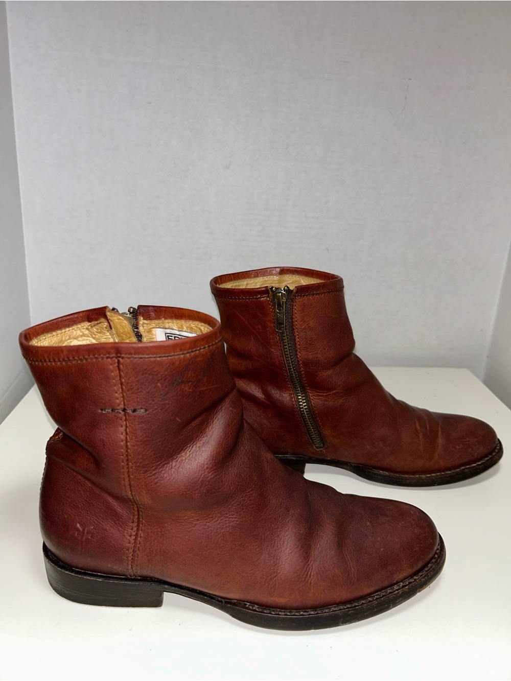 Frye 3476226 Cognac Brown Leather Ankle Zip Biker Boot